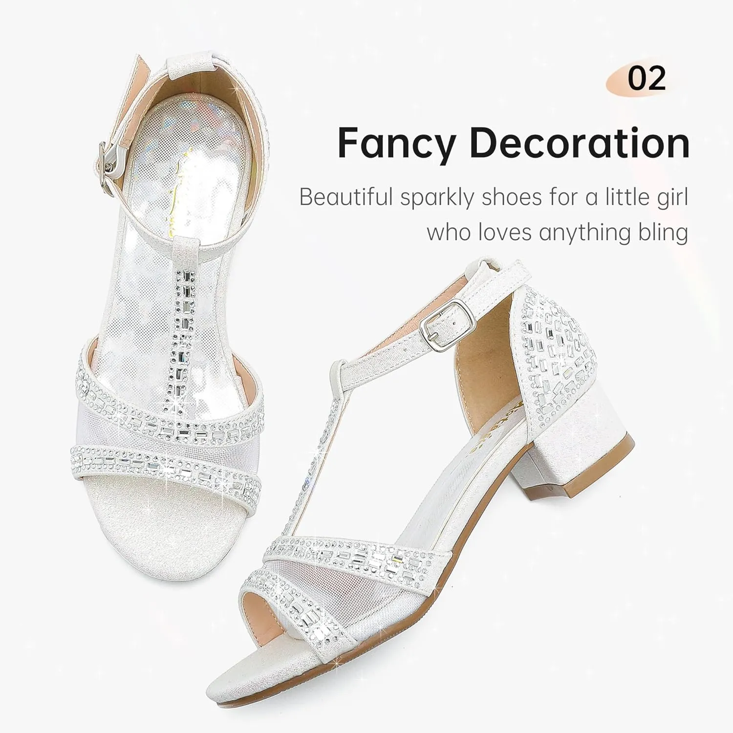 Girls Sandals Low Heel Dress Pump Open Toe T Strap Rhinestone Sandals Wedding Party Prom Shoes Little Big Kids