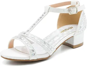 Girls Sandals Low Heel Dress Pump Open Toe T Strap Rhinestone Sandals Wedding Party Prom Shoes Little Big Kids
