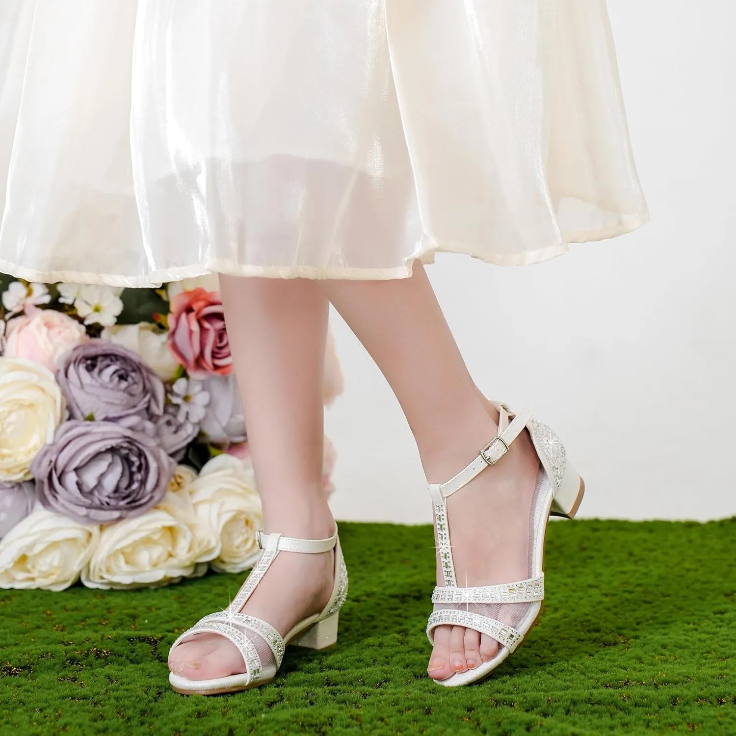 Girls Sandals Low Heel Dress Pump Open Toe T Strap Rhinestone Sandals Wedding Party Prom Shoes Little Big Kids