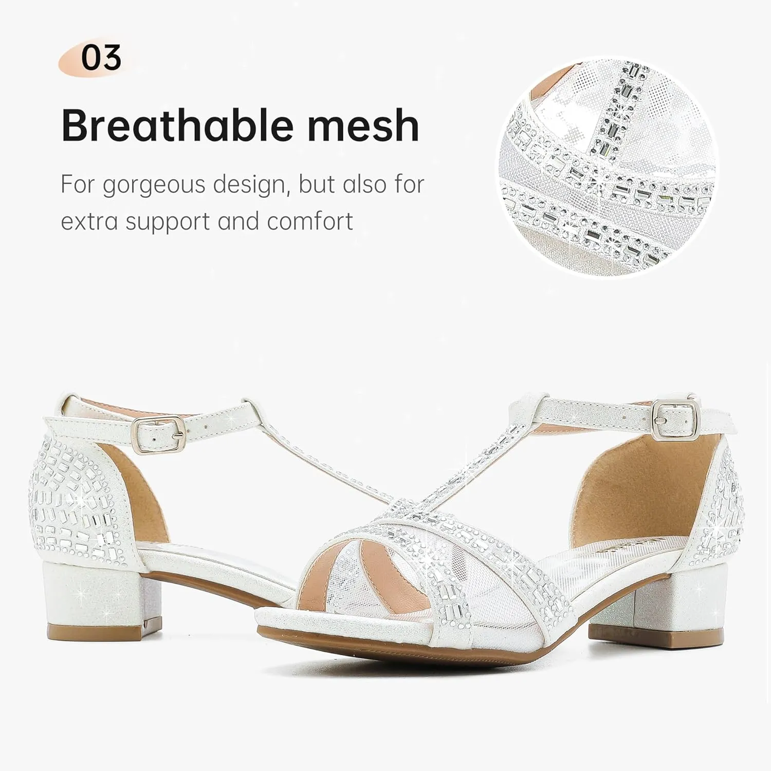 Girls Sandals Low Heel Dress Pump Open Toe T Strap Rhinestone Sandals Wedding Party Prom Shoes Little Big Kids