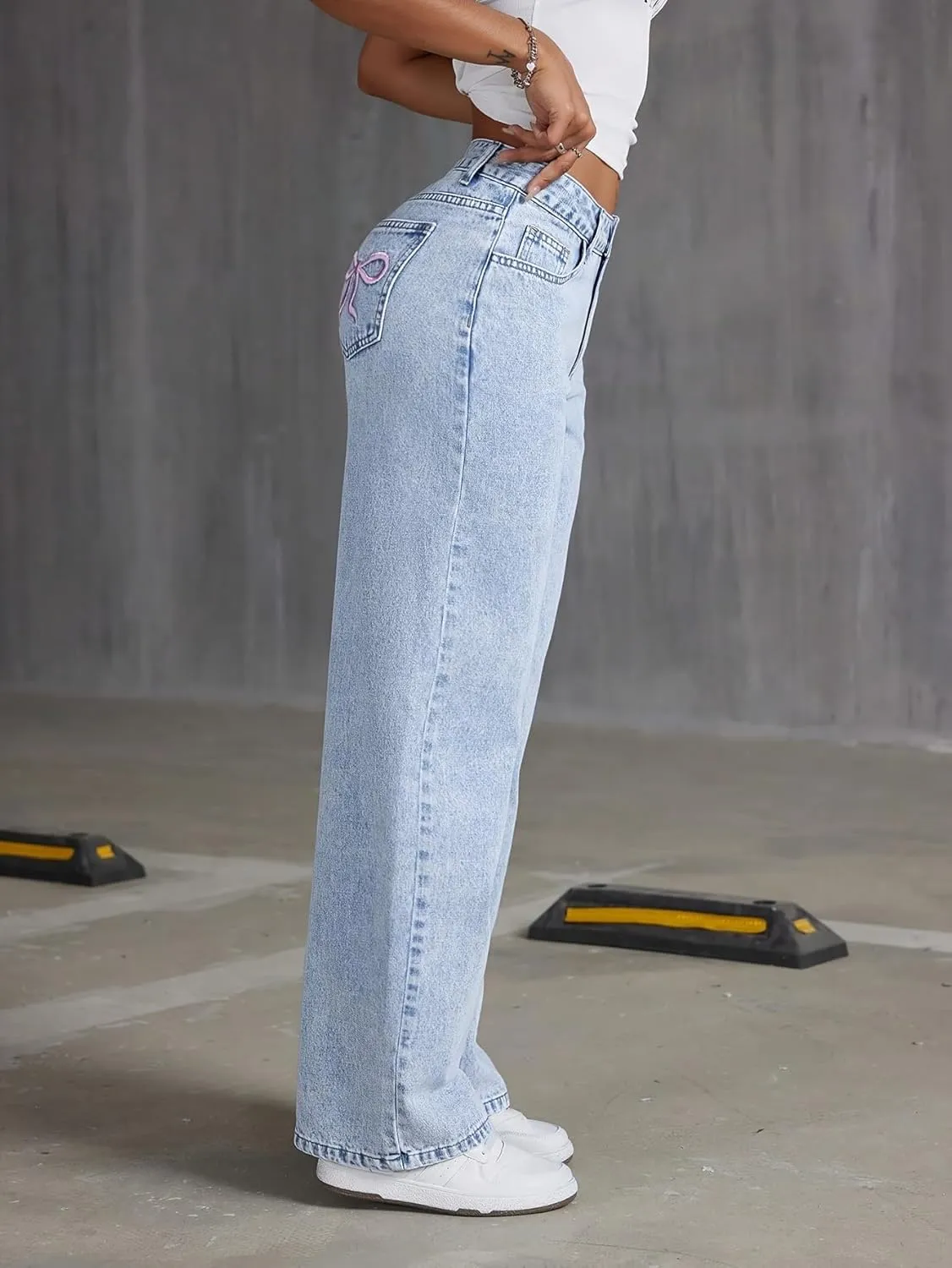 Girls Wide Leg Jeans Baggy Bow Embroidery High Elastic Waist Denim Pants Cute Y2K Trendy Tween Streetwear 8-16Y