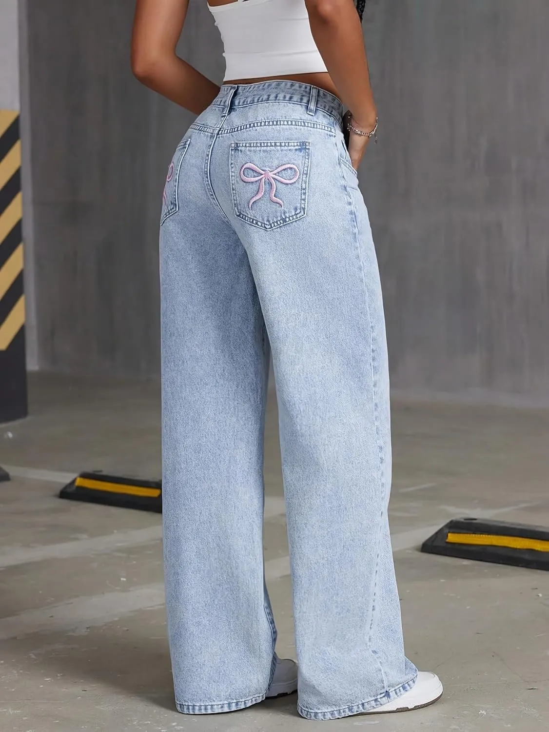 Girls Wide Leg Jeans Baggy Bow Embroidery High Elastic Waist Denim Pants Cute Y2K Trendy Tween Streetwear 8-16Y