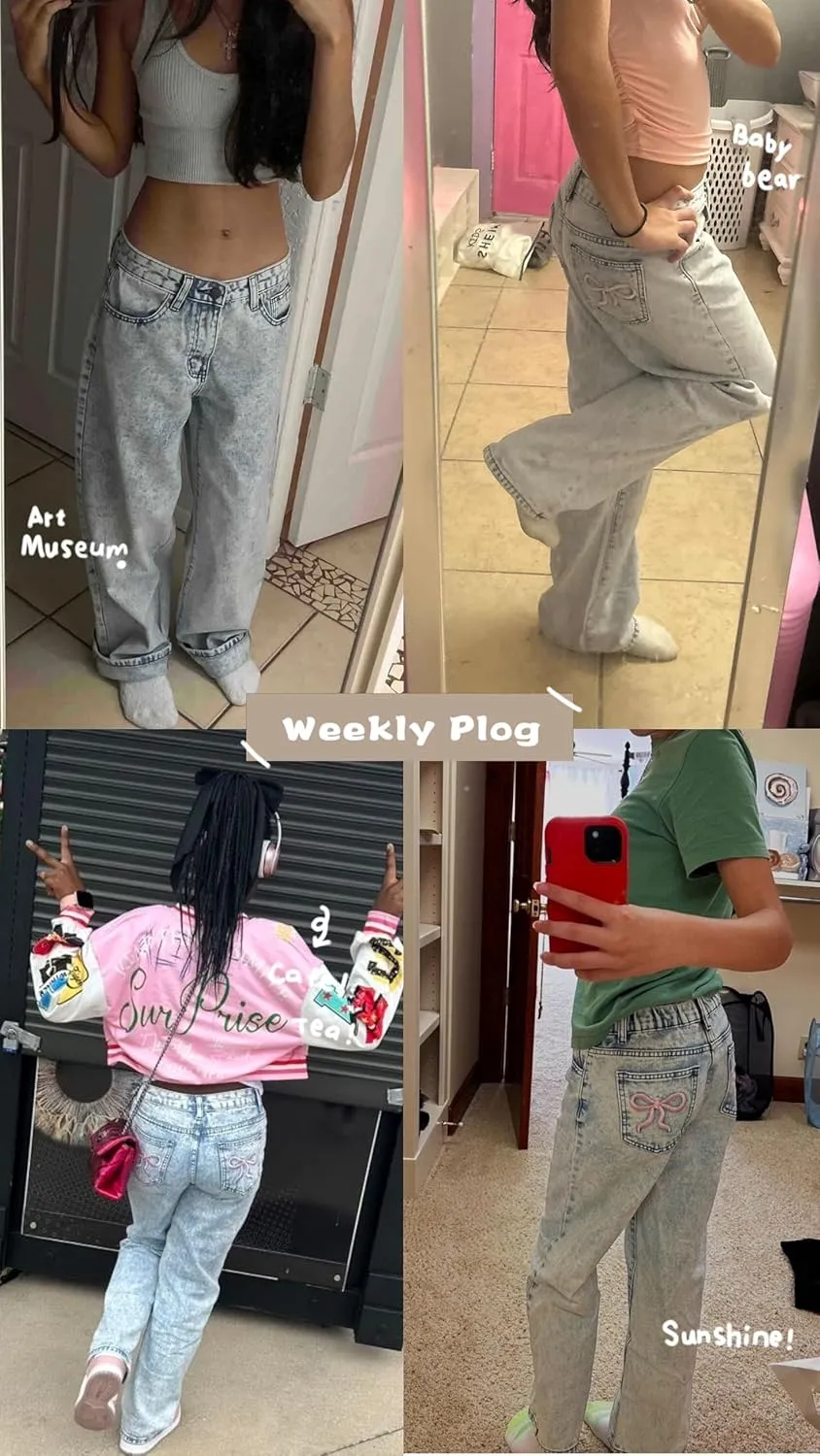 Girls Wide Leg Jeans Baggy Bow Embroidery High Elastic Waist Denim Pants Cute Y2K Trendy Tween Streetwear 8-16Y