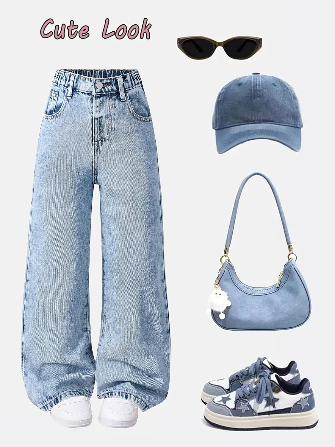 Girls Wide Leg Jeans Baggy Bow Embroidery High Elastic Waist Denim Pants Cute Y2K Trendy Tween Streetwear 8-16Y