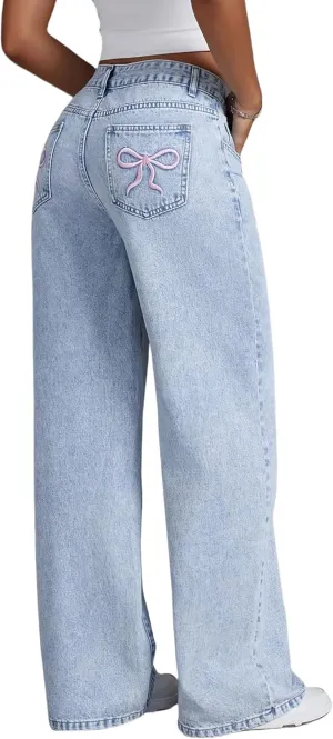 Girls Wide Leg Jeans Baggy Bow Embroidery High Elastic Waist Denim Pants Cute Y2K Trendy Tween Streetwear 8-16Y