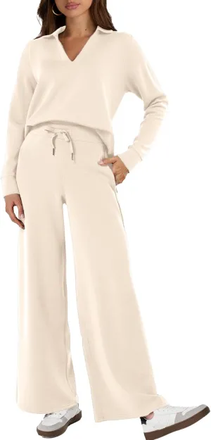 Glamaker Women's 2 Piece Sets Outfits Casual Long Sleeve Sweatsuits Polo Top and Wide Leg Pants Matching Sets