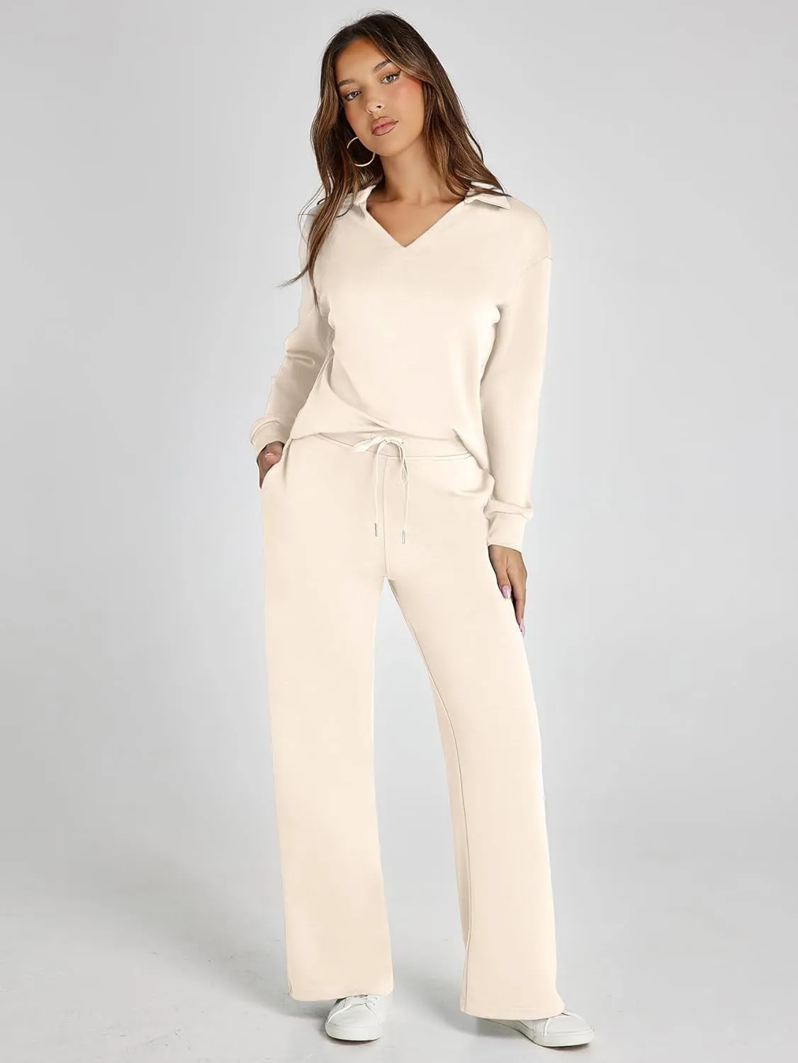 Glamaker Women's 2 Piece Sets Outfits Casual Long Sleeve Sweatsuits Polo Top and Wide Leg Pants Matching Sets