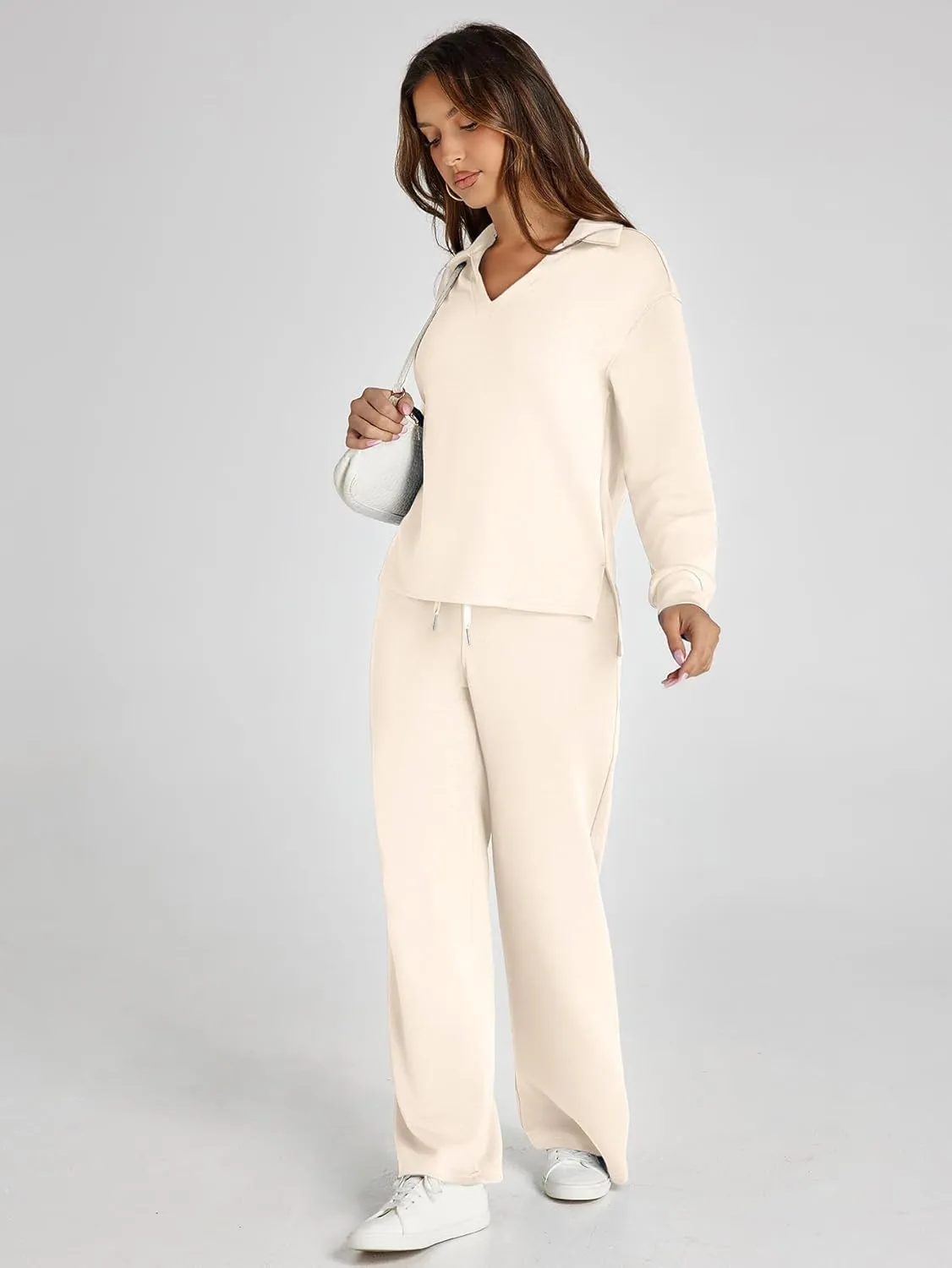 Glamaker Women's 2 Piece Sets Outfits Casual Long Sleeve Sweatsuits Polo Top and Wide Leg Pants Matching Sets