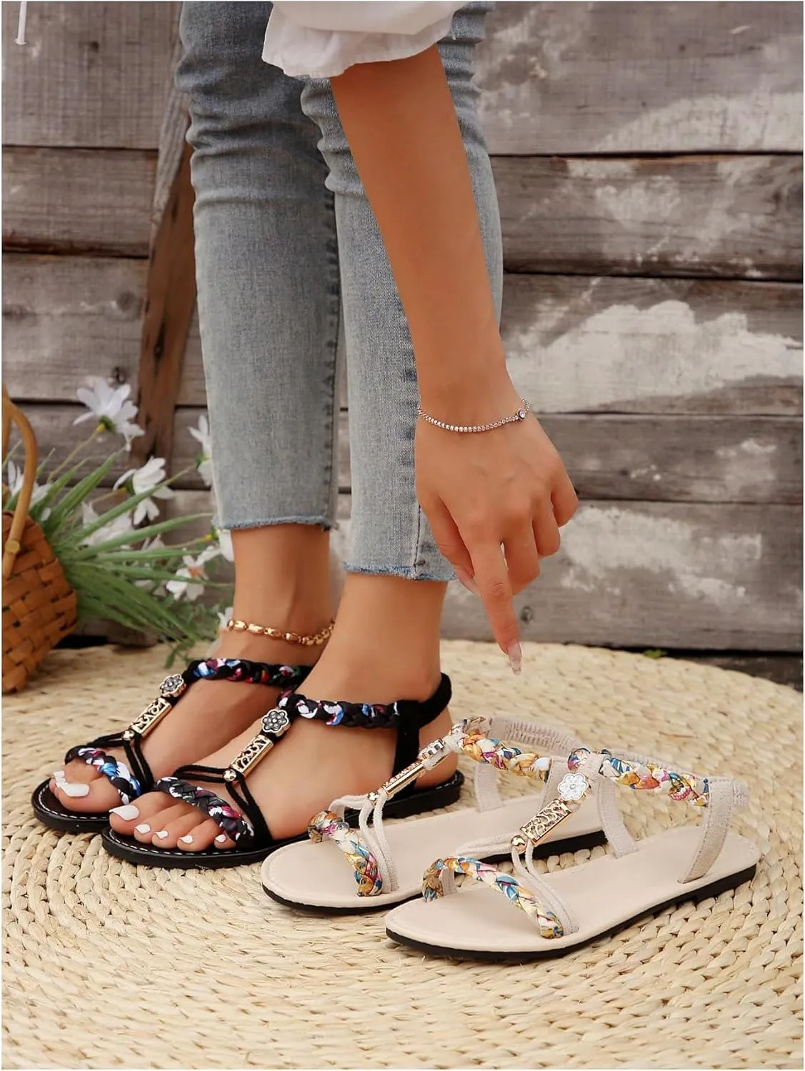 GORGLITTER Women's Floral Boho Flats Open Toe Strappy Ankle Strap Summer Beach Slide Sandals