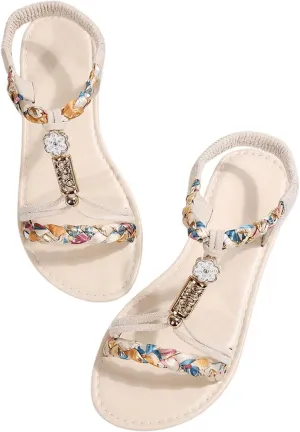 GORGLITTER Women's Floral Boho Flats Open Toe Strappy Ankle Strap Summer Beach Slide Sandals