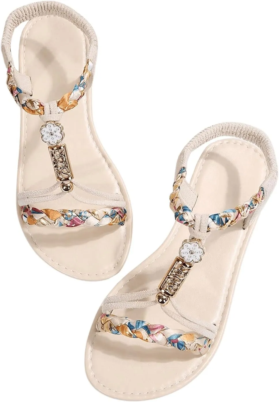 GORGLITTER Women's Floral Boho Flats Open Toe Strappy Ankle Strap Summer Beach Slide Sandals