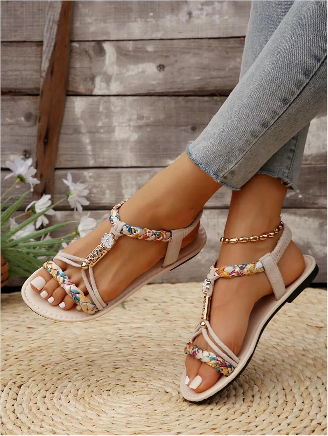 GORGLITTER Women's Floral Boho Flats Open Toe Strappy Ankle Strap Summer Beach Slide Sandals