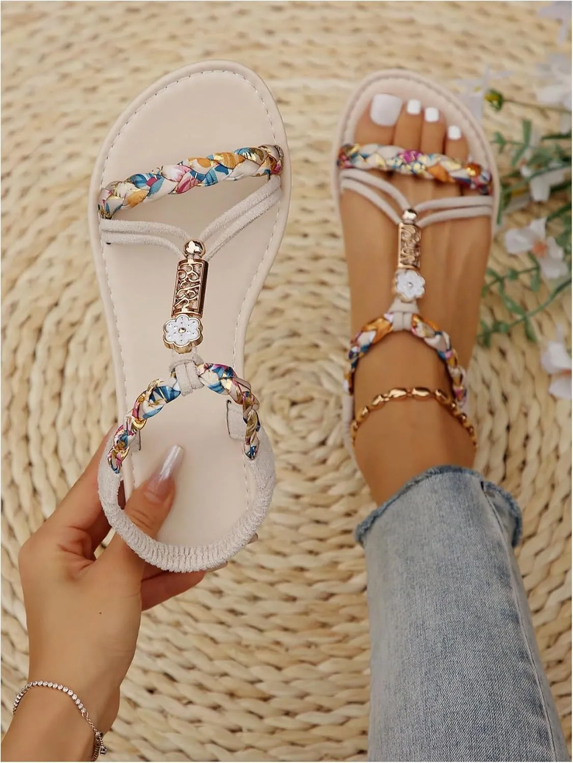 GORGLITTER Women's Floral Boho Flats Open Toe Strappy Ankle Strap Summer Beach Slide Sandals