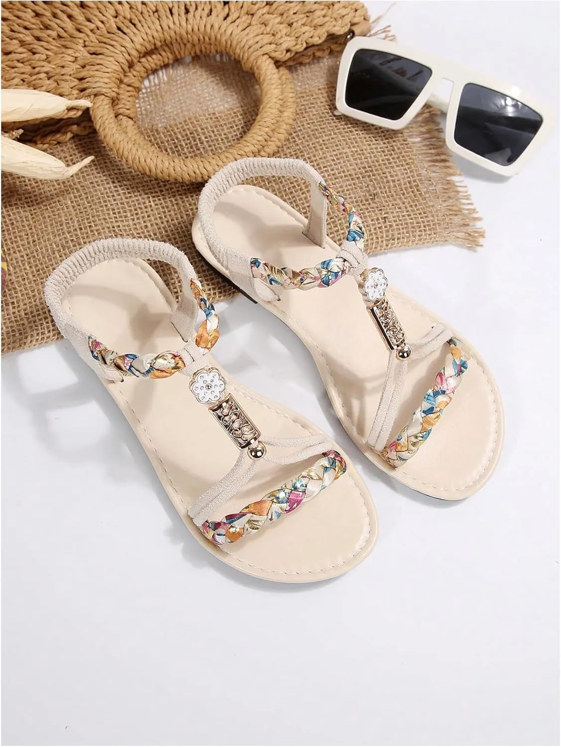 GORGLITTER Women's Floral Boho Flats Open Toe Strappy Ankle Strap Summer Beach Slide Sandals
