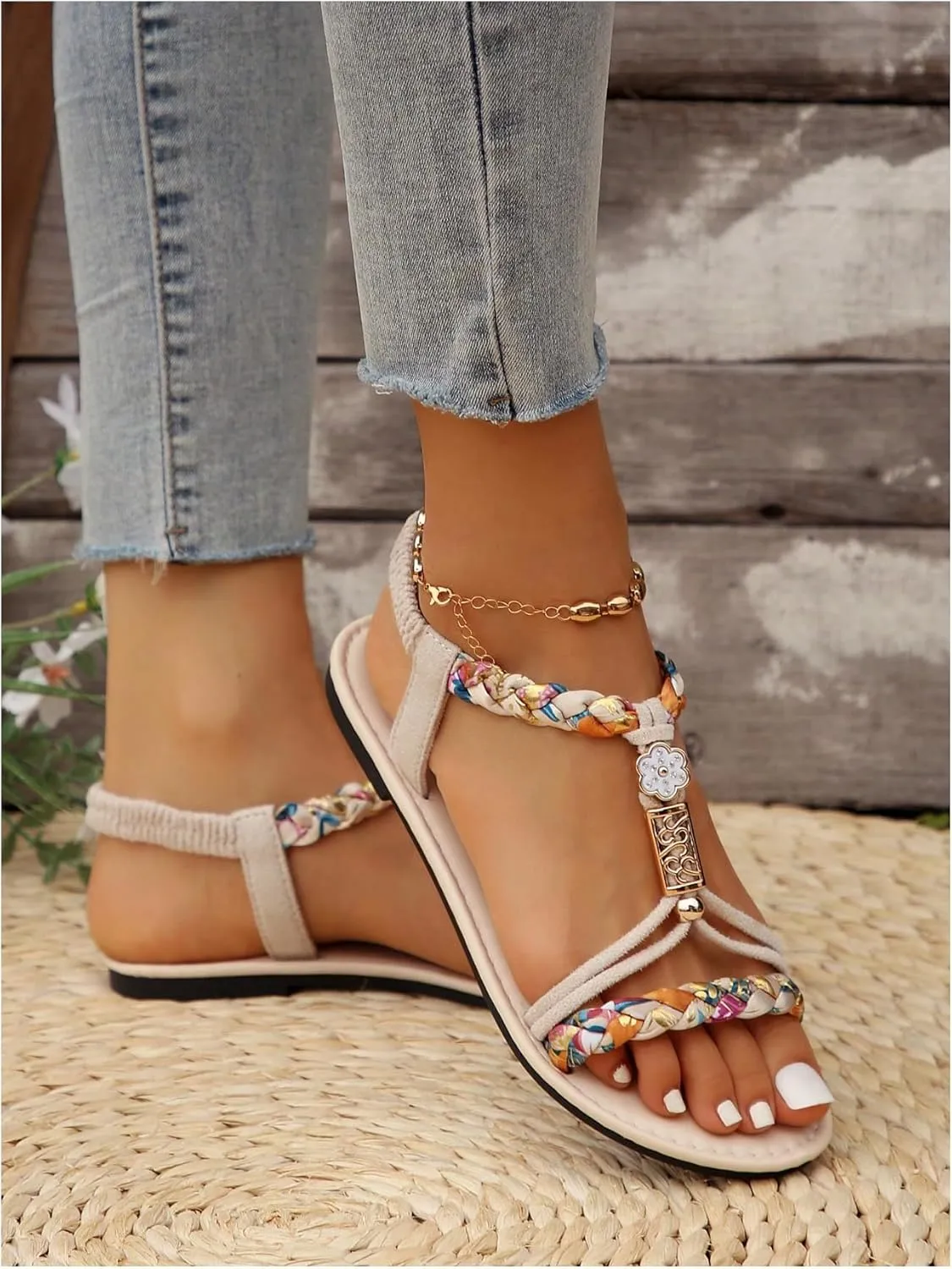 GORGLITTER Women's Floral Boho Flats Open Toe Strappy Ankle Strap Summer Beach Slide Sandals