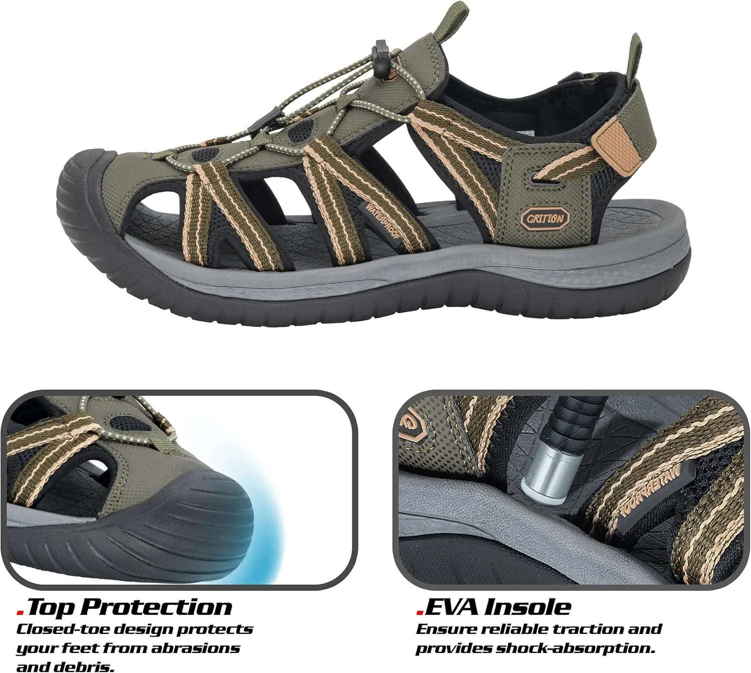 GRITION Mens Outdoor Hiking Sandals Summer Beach Closed Toe Water Sandal Waterproof Comfortable Fisherman Adventures Sport Athletic Walking Traveling Shoes Sandles