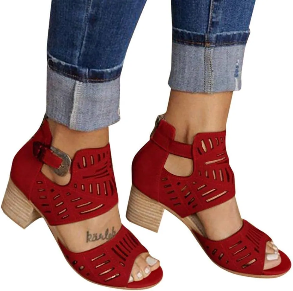 GUNIYIFS Womens Peep Toe Sandals High Heel Sandals Ankle Strap Sandals Hollow Out Chunky Low Heeled Cutout Stacked Heel Sandal