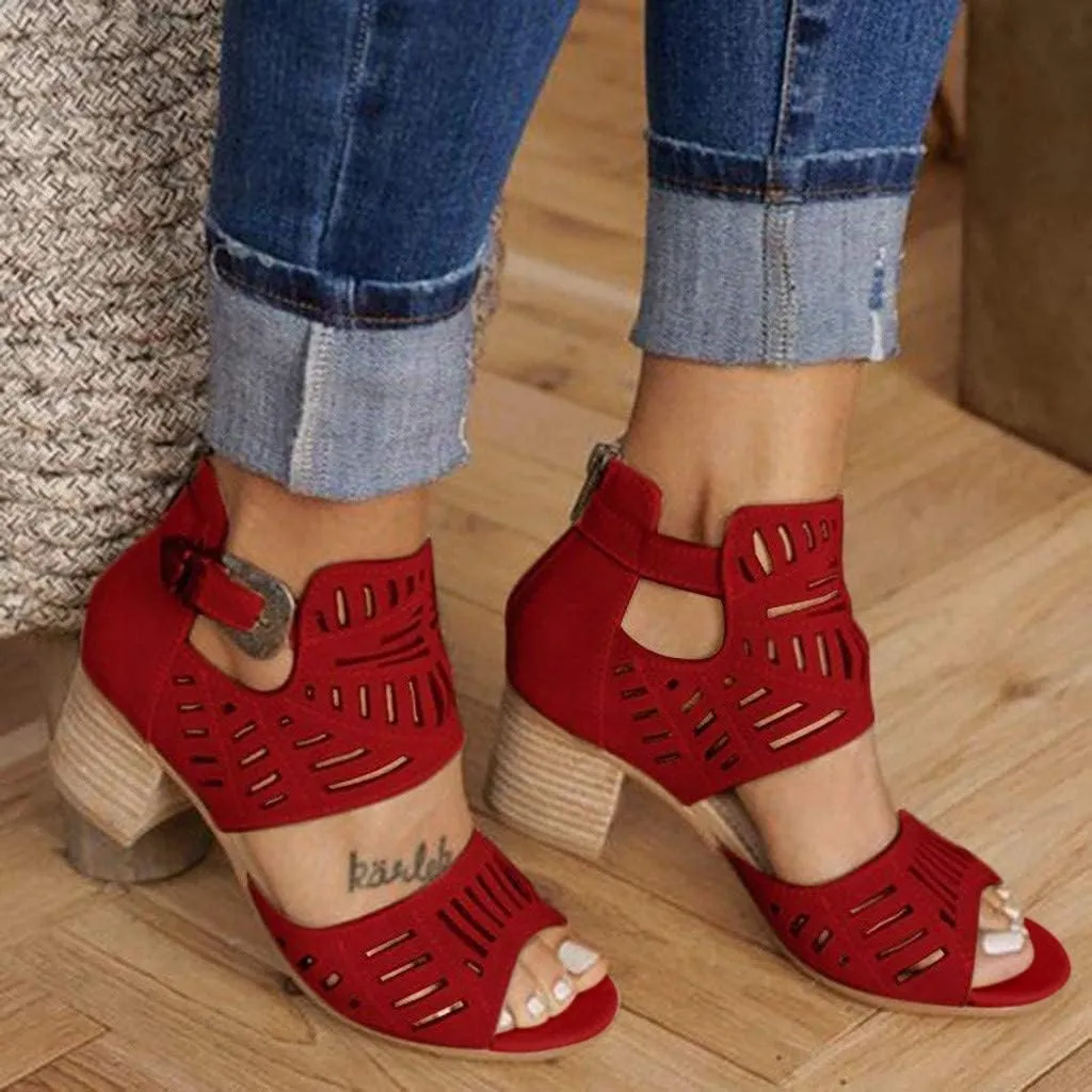 GUNIYIFS Womens Peep Toe Sandals High Heel Sandals Ankle Strap Sandals Hollow Out Chunky Low Heeled Cutout Stacked Heel Sandal