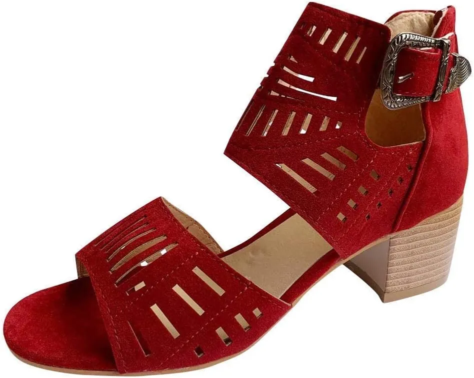 GUNIYIFS Womens Peep Toe Sandals High Heel Sandals Ankle Strap Sandals Hollow Out Chunky Low Heeled Cutout Stacked Heel Sandal