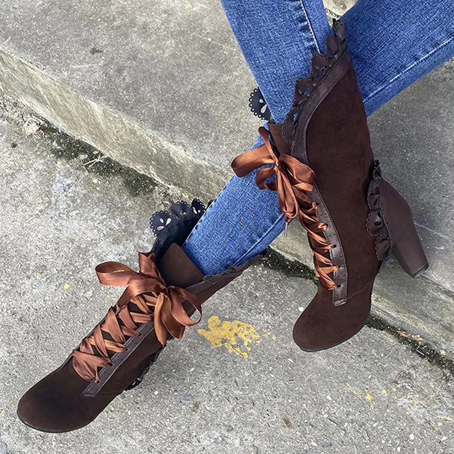 Halloween Boots for Women Women Vintage Victorian Boots 70s Lace Up Mid Calf Renaissance Boots Fall Winter Boots