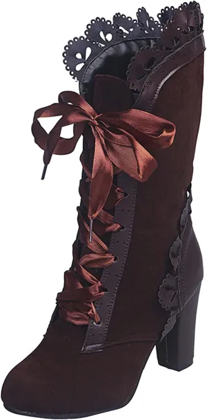Halloween Boots for Women Women Vintage Victorian Boots 70s Lace Up Mid Calf Renaissance Boots Fall Winter Boots