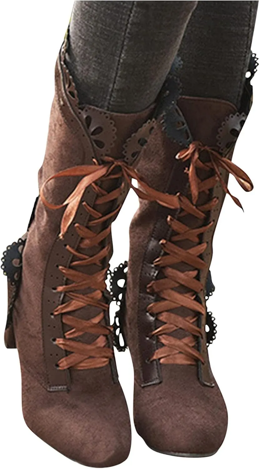 Halloween Boots for Women Women Vintage Victorian Boots 70s Lace Up Mid Calf Renaissance Boots Fall Winter Boots