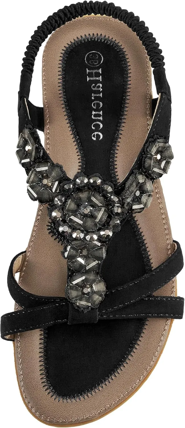 HARENCE Sandals Women Summer Flats: Comfortable Elastic Ankle Strap Dress Flat Shoes Casual Slip on Open Toe Bling Bohemian Beach Sandal