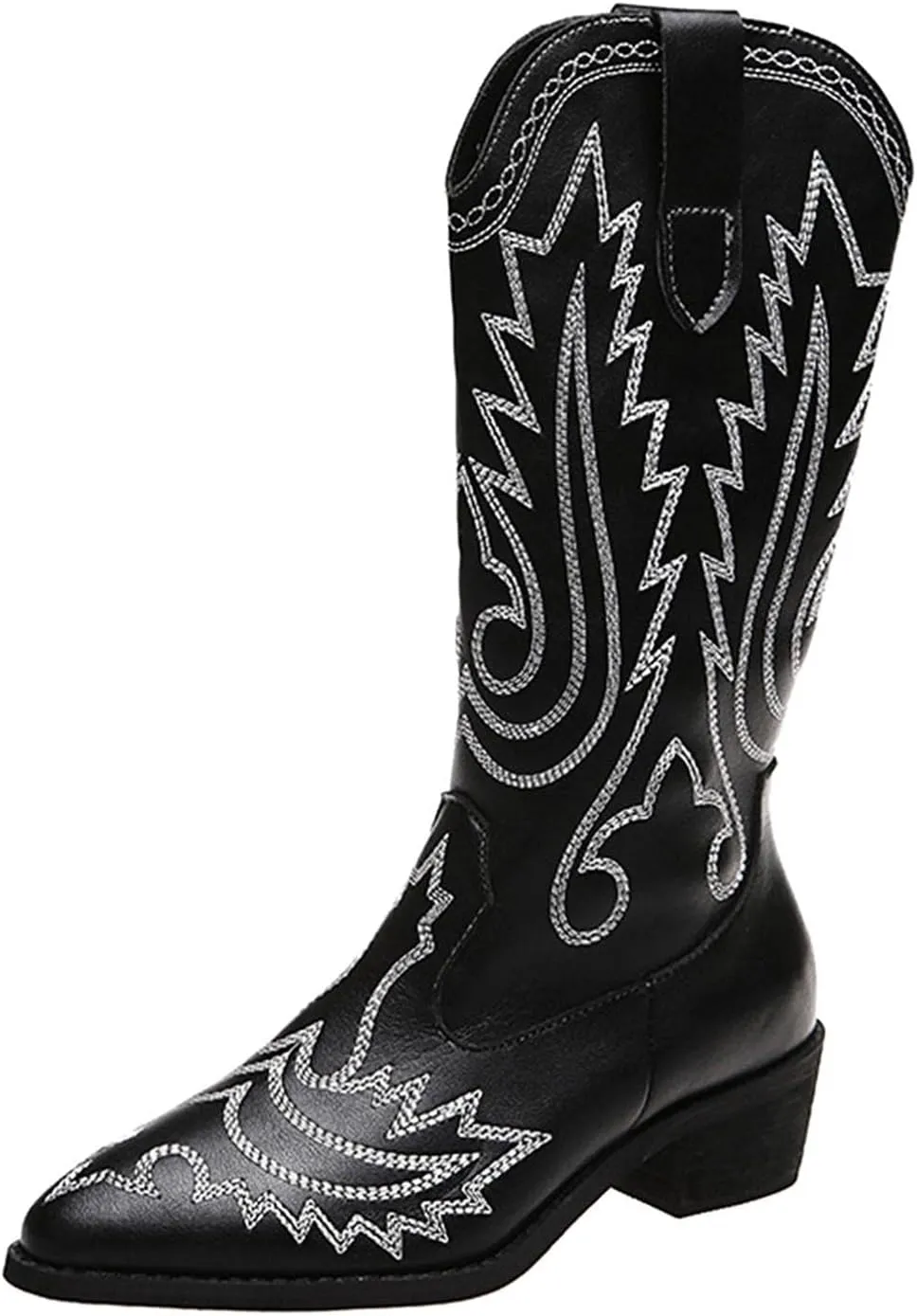Hbeylia Cowboy Boots For Women Vintage Ethnic Western Cowgirls Boots Flower Embroidered Pointed Toe Chunky Heels Mid Calf Knight Riding Boots Boho Retro Winter Fall Dress Tall Boots For Ladies