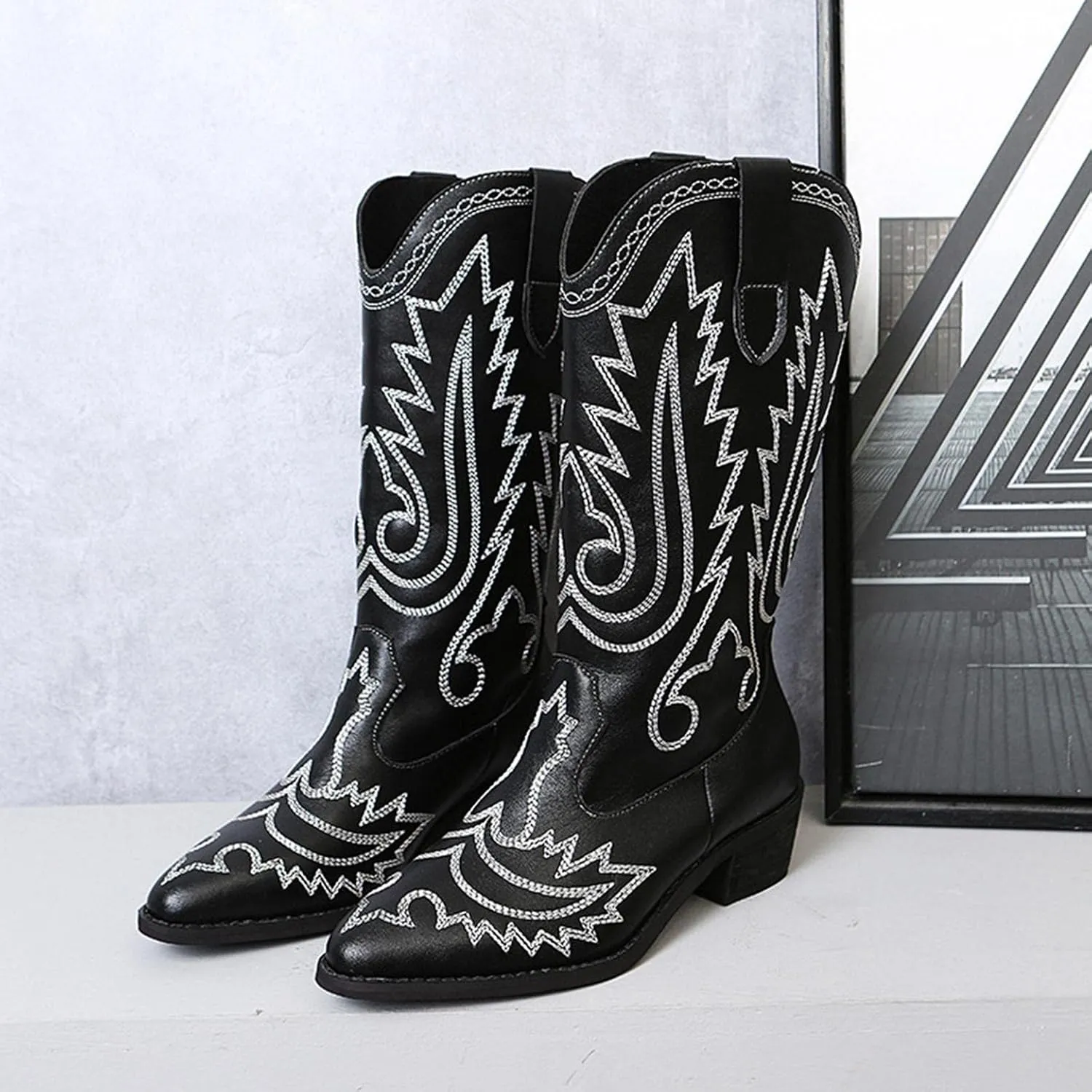 Hbeylia Cowboy Boots For Women Vintage Ethnic Western Cowgirls Boots Flower Embroidered Pointed Toe Chunky Heels Mid Calf Knight Riding Boots Boho Retro Winter Fall Dress Tall Boots For Ladies