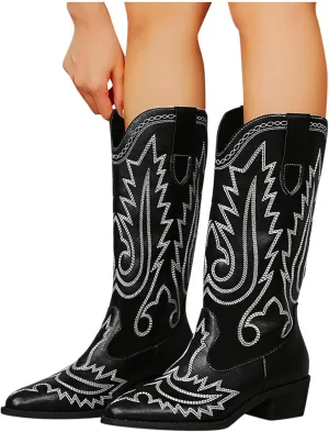Hbeylia Cowboy Boots For Women Vintage Ethnic Western Cowgirls Boots Flower Embroidered Pointed Toe Chunky Heels Mid Calf Knight Riding Boots Boho Retro Winter Fall Dress Tall Boots For Ladies