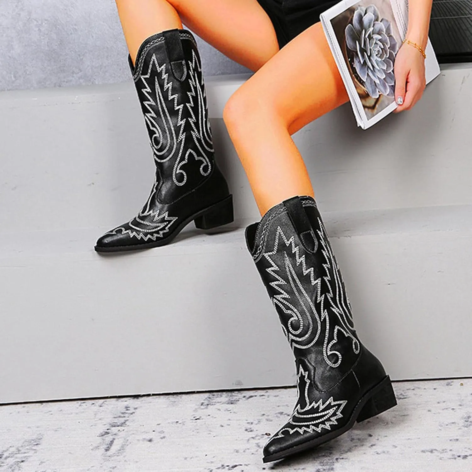 Hbeylia Cowboy Boots For Women Vintage Ethnic Western Cowgirls Boots Flower Embroidered Pointed Toe Chunky Heels Mid Calf Knight Riding Boots Boho Retro Winter Fall Dress Tall Boots For Ladies