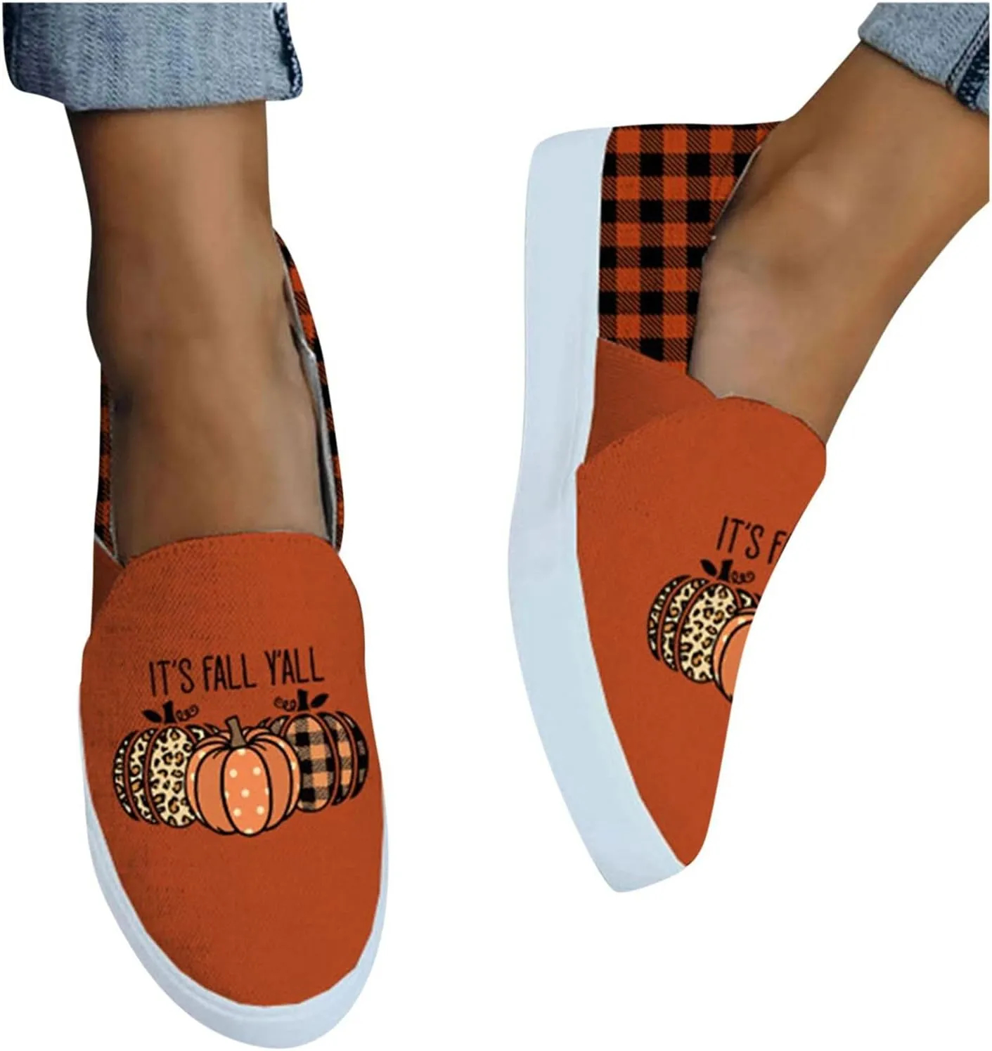 Hbeylia Halloween Decoration Platform Slip On Loafers Walking Shoes It Is Fall Y'All Pumpkin Design Chunky Bottom High Heels Low Top Canvas Shoes Plaid Non Slip Slip-On Flats For Women Girls Party