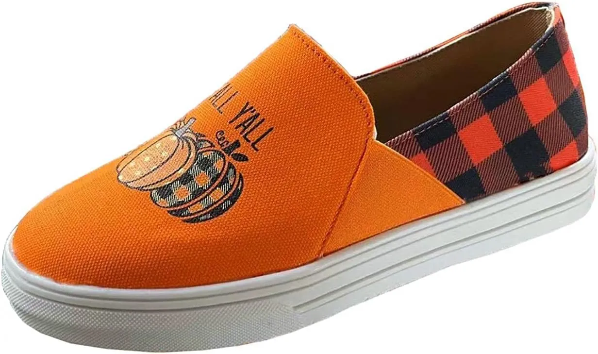Hbeylia Halloween Decoration Platform Slip On Loafers Walking Shoes It Is Fall Y'All Pumpkin Design Chunky Bottom High Heels Low Top Canvas Shoes Plaid Non Slip Slip-On Flats For Women Girls Party