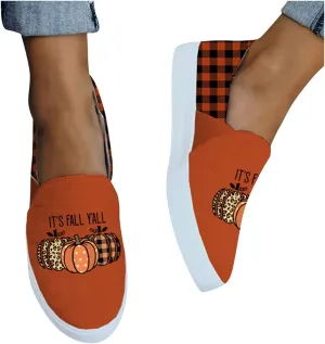 Hbeylia Halloween Decoration Platform Slip On Loafers Walking Shoes It Is Fall Y'All Pumpkin Design Chunky Bottom High Heels Low Top Canvas Shoes Plaid Non Slip Slip-On Flats For Women Girls Party