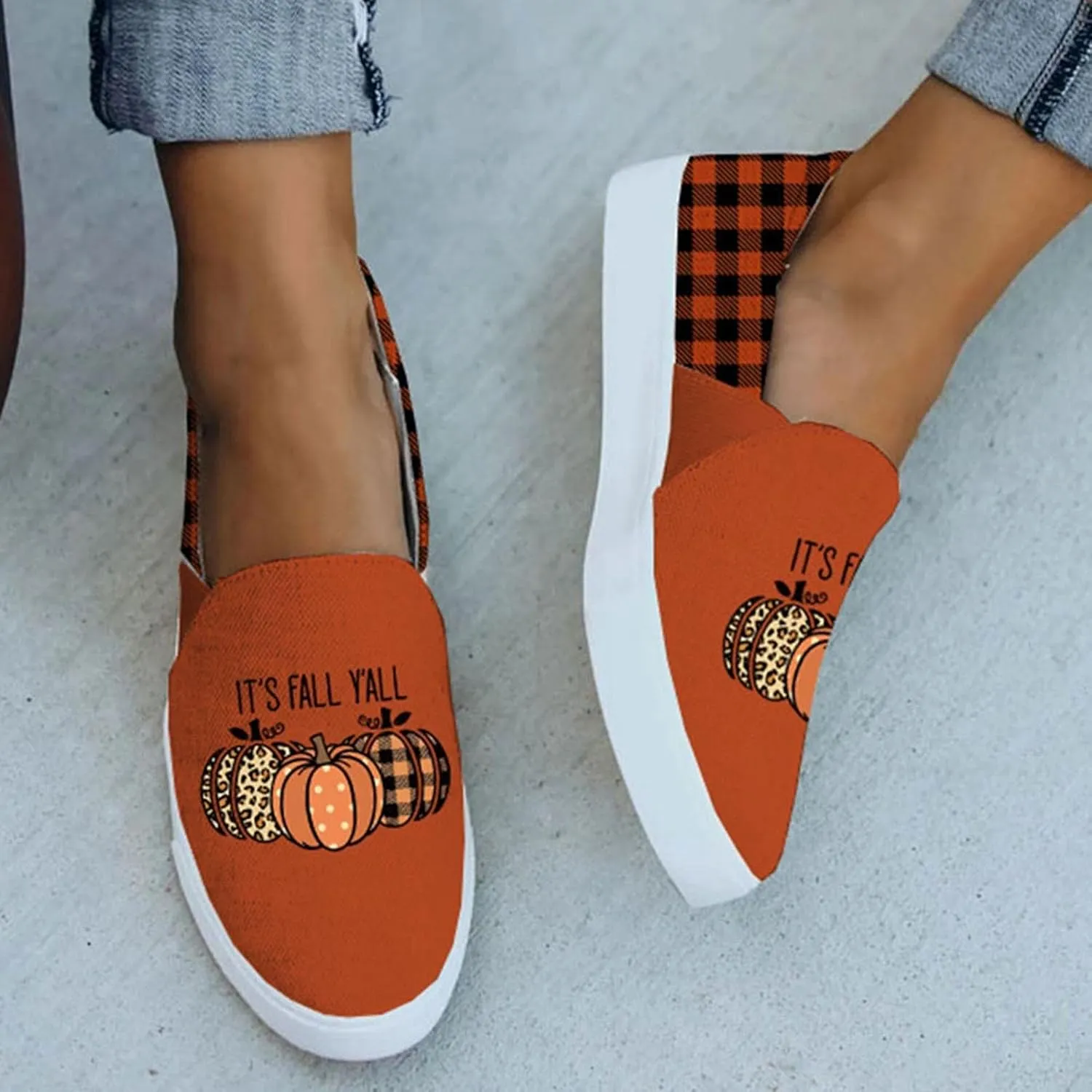 Hbeylia Halloween Decoration Platform Slip On Loafers Walking Shoes It Is Fall Y'All Pumpkin Design Chunky Bottom High Heels Low Top Canvas Shoes Plaid Non Slip Slip-On Flats For Women Girls Party