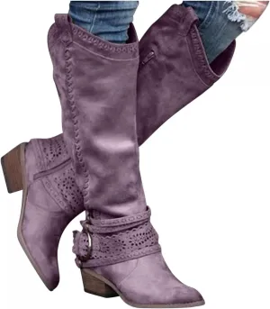 Hbeylia Knee High Western Cowboy Cowgirls Boots For Women Vintage Boho Lace Leather Pointed Toe Chunky Block Mid Heels Knee Length Long Boots With Side Zip Fashion Winter Fall Dress Tall Boots