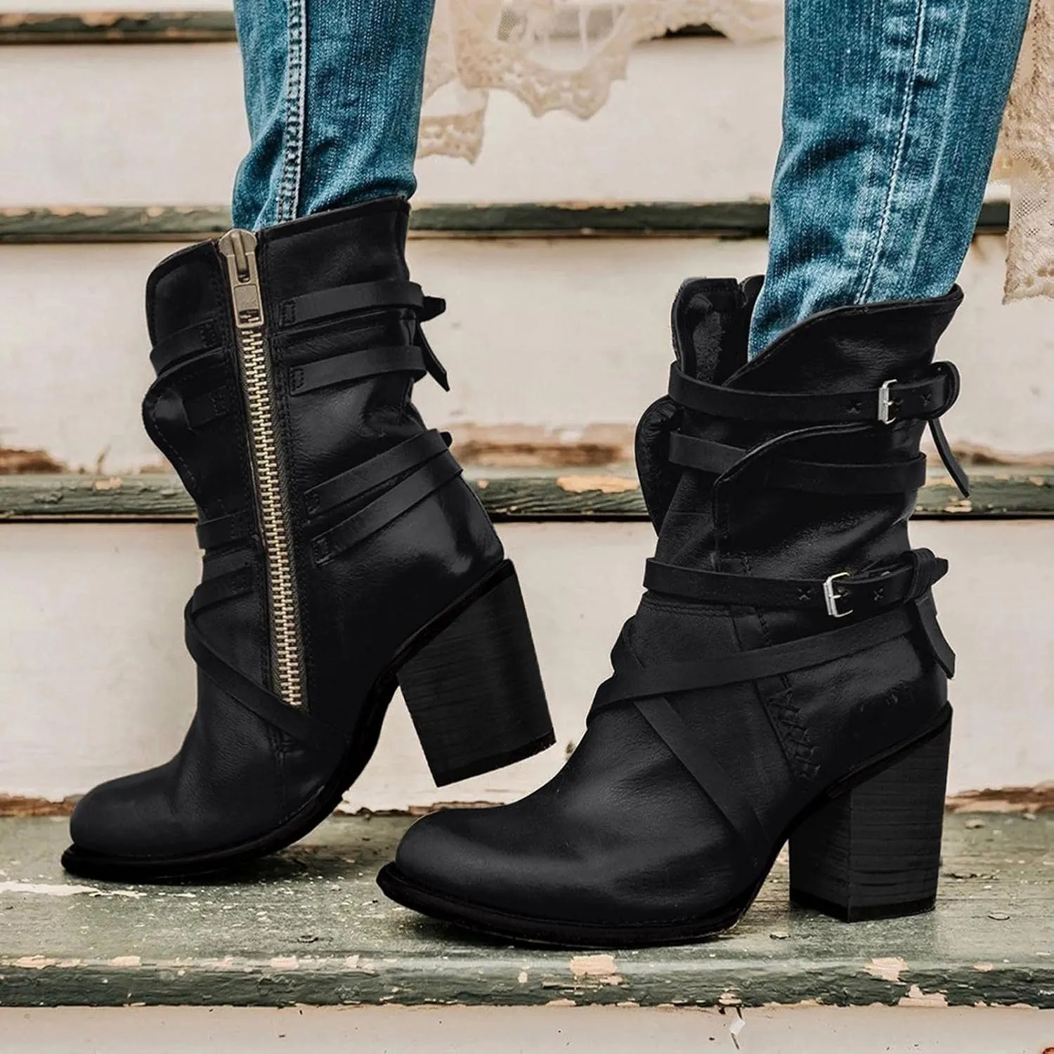 Hbeylia Leather Cowboys Cowgirls Boots For Women Fashion Slouchy Strap Belt Wrapped Chunky Block High Heels Wide Mid Calf Boots Vintage Western Dressy Pump Ankle Booties Riding Short Boots
