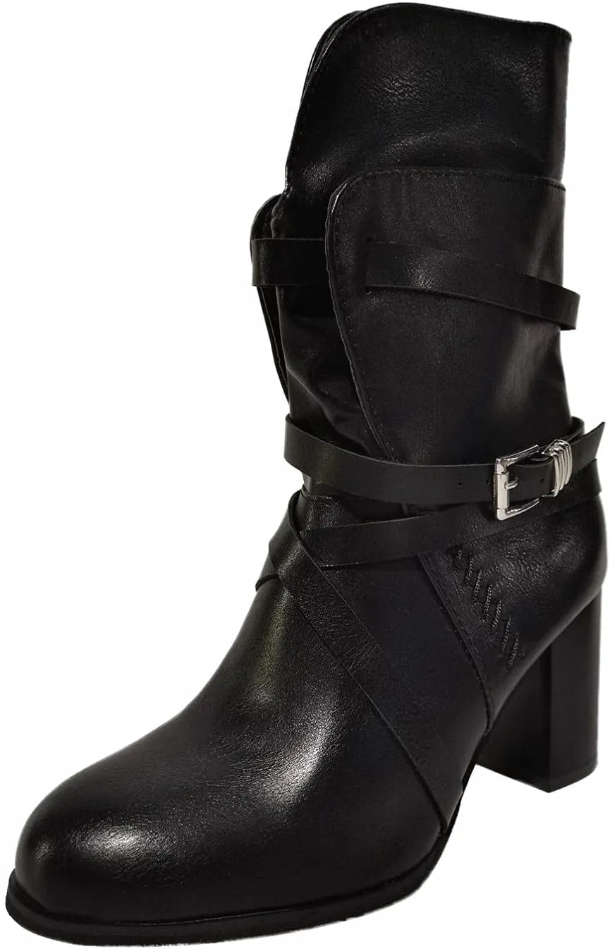 Hbeylia Leather Cowboys Cowgirls Boots For Women Fashion Slouchy Strap Belt Wrapped Chunky Block High Heels Wide Mid Calf Boots Vintage Western Dressy Pump Ankle Booties Riding Short Boots