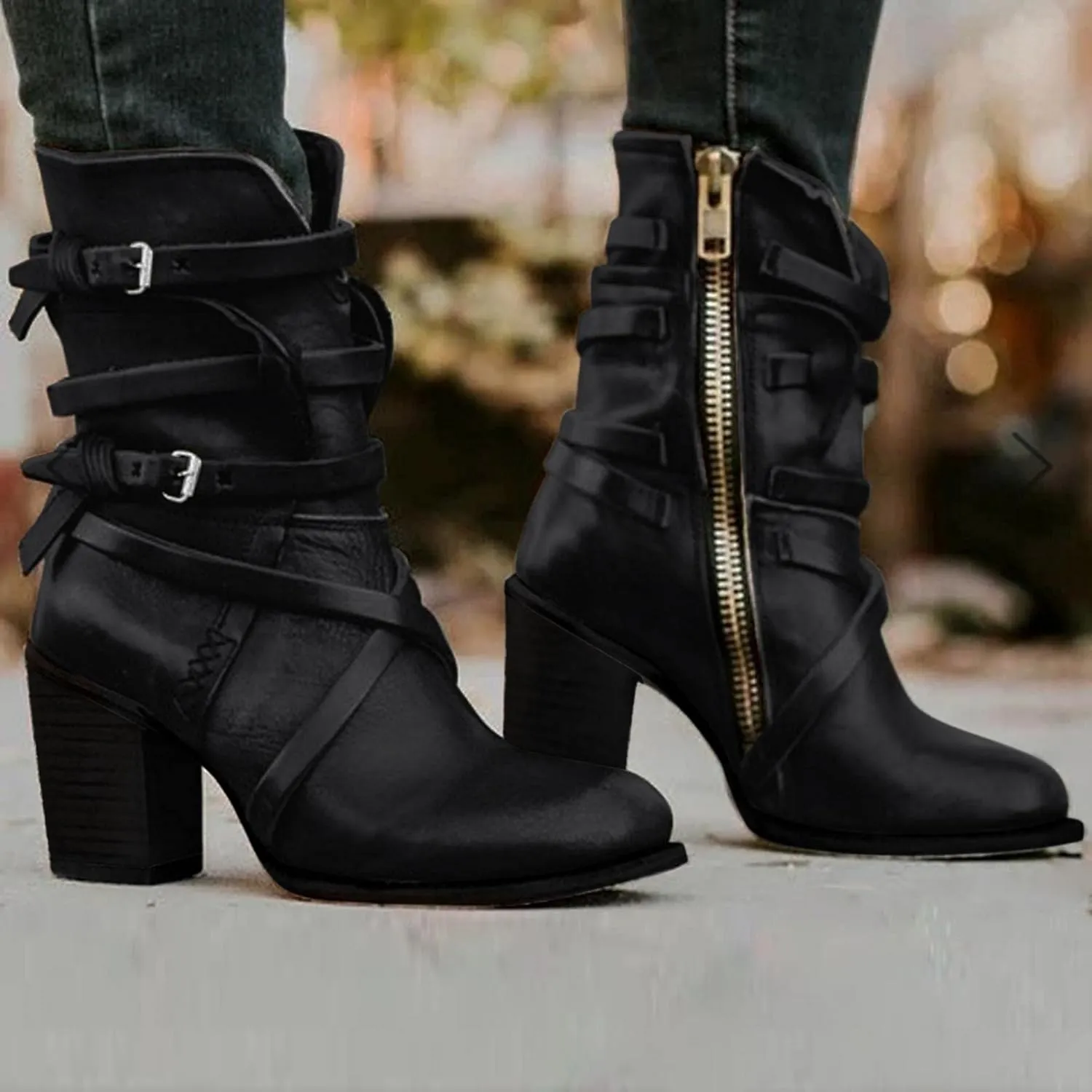Hbeylia Leather Cowboys Cowgirls Boots For Women Fashion Slouchy Strap Belt Wrapped Chunky Block High Heels Wide Mid Calf Boots Vintage Western Dressy Pump Ankle Booties Riding Short Boots