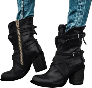 Hbeylia Leather Cowboys Cowgirls Boots For Women Fashion Slouchy Strap Belt Wrapped Chunky Block High Heels Wide Mid Calf Boots Vintage Western Dressy Pump Ankle Booties Riding Short Boots