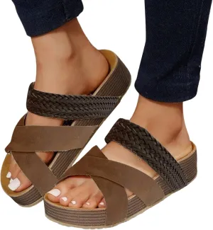 Hbeylia Slides for Women,Women Summer Knitted Crisscross Strap Sandals Memory Foam Soft Sole Wedge Sandal Slippers Anti-Slip Slip On Flat Toe Open Sandals Comfy Breathable Outdoor Beach Walking Shoes