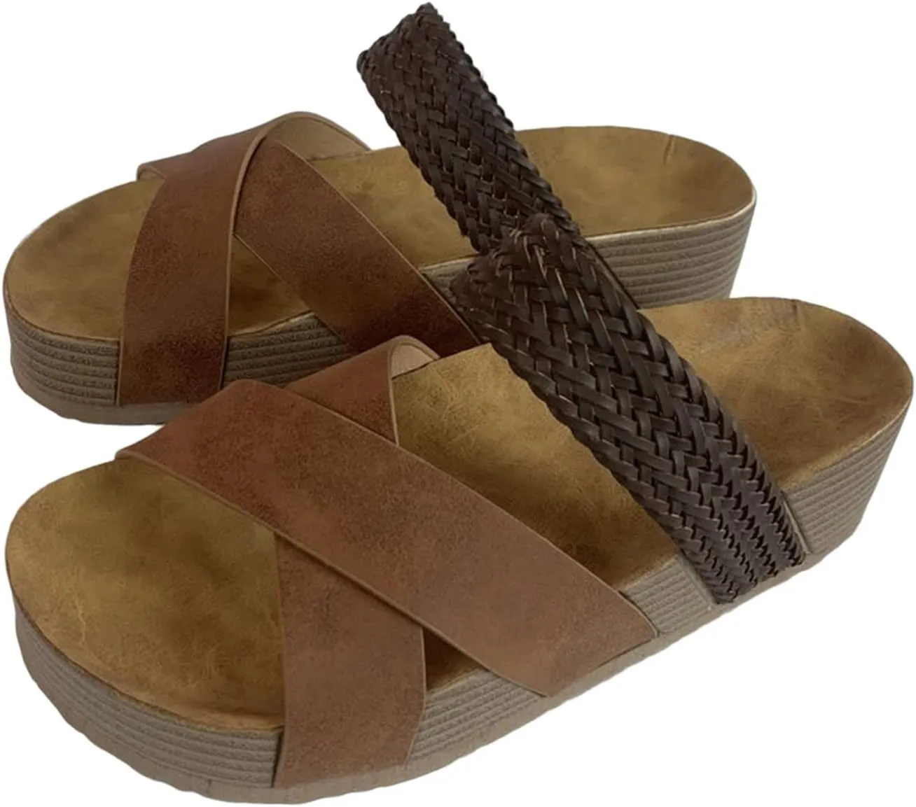 Hbeylia Slides for Women,Women Summer Knitted Crisscross Strap Sandals Memory Foam Soft Sole Wedge Sandal Slippers Anti-Slip Slip On Flat Toe Open Sandals Comfy Breathable Outdoor Beach Walking Shoes