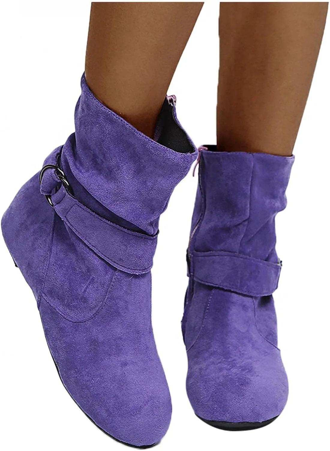 Hbeylia Women's Boots With No Heels Fashion Slouchy Ruched Suede Round Toe Slip On Flats Ankle Booties With Side Zipper Casual Comfortable Winter Fall Mid Calf Dress Short Boots For Women Ladies