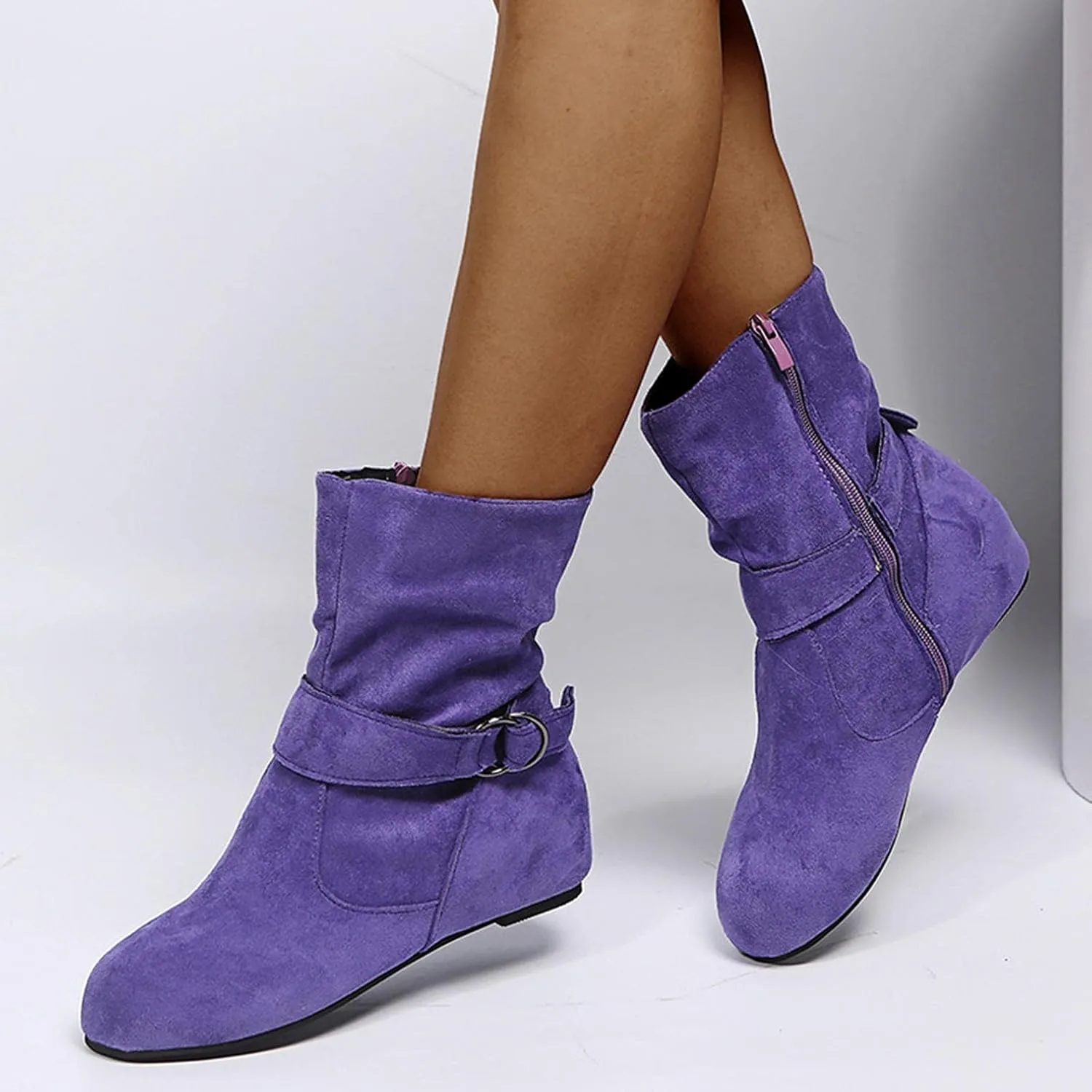 Hbeylia Women's Boots With No Heels Fashion Slouchy Ruched Suede Round Toe Slip On Flats Ankle Booties With Side Zipper Casual Comfortable Winter Fall Mid Calf Dress Short Boots For Women Ladies