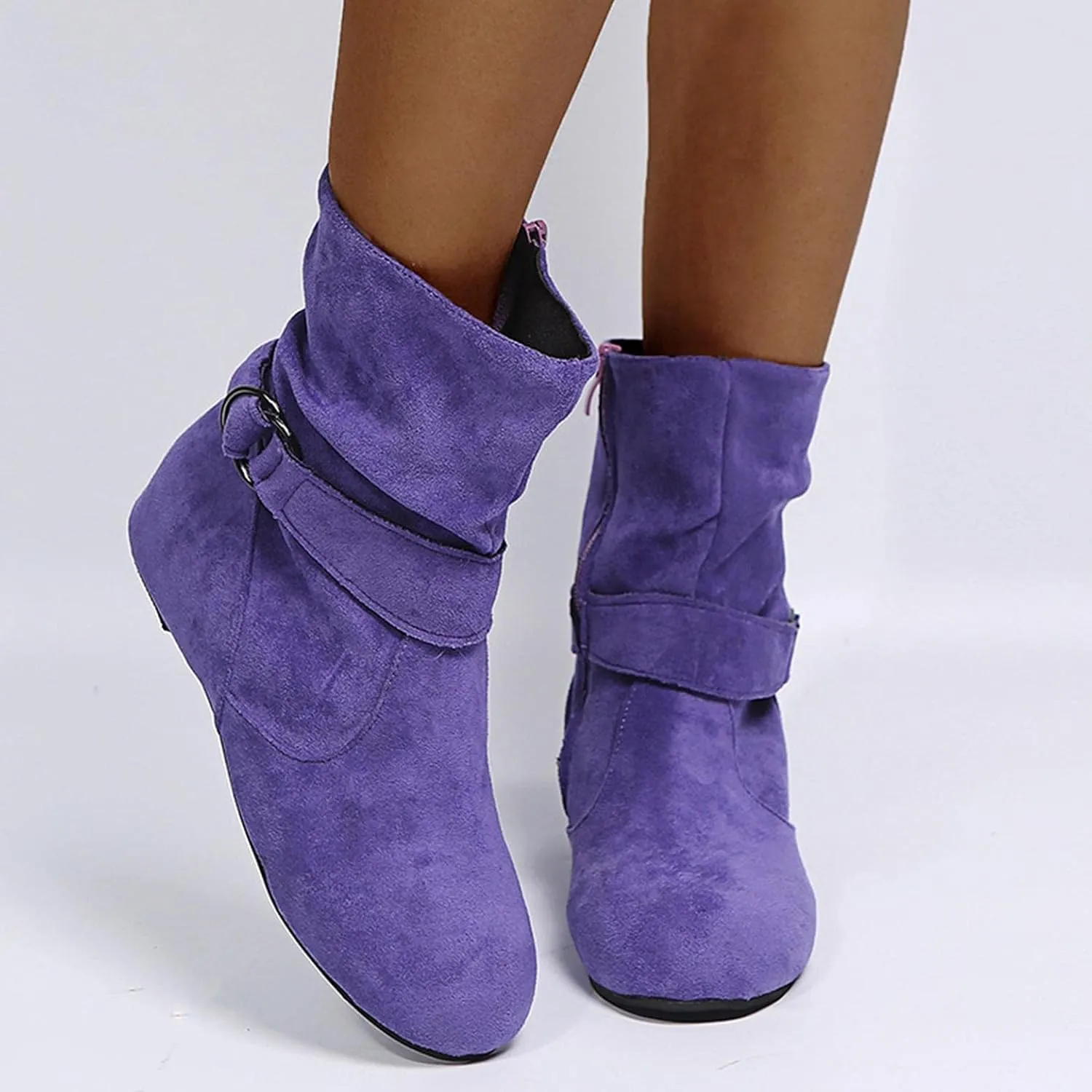 Hbeylia Women's Boots With No Heels Fashion Slouchy Ruched Suede Round Toe Slip On Flats Ankle Booties With Side Zipper Casual Comfortable Winter Fall Mid Calf Dress Short Boots For Women Ladies