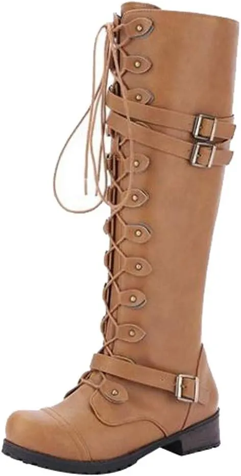 Hbeylia Women's Motorcycle Riding Boots Fashion Leather Metal Buckle Lace Up Knee High Chunky Heel Goth Combat Boots Gothic Punk Low Heel Military Over The Knee Winter Tall Boots For Women