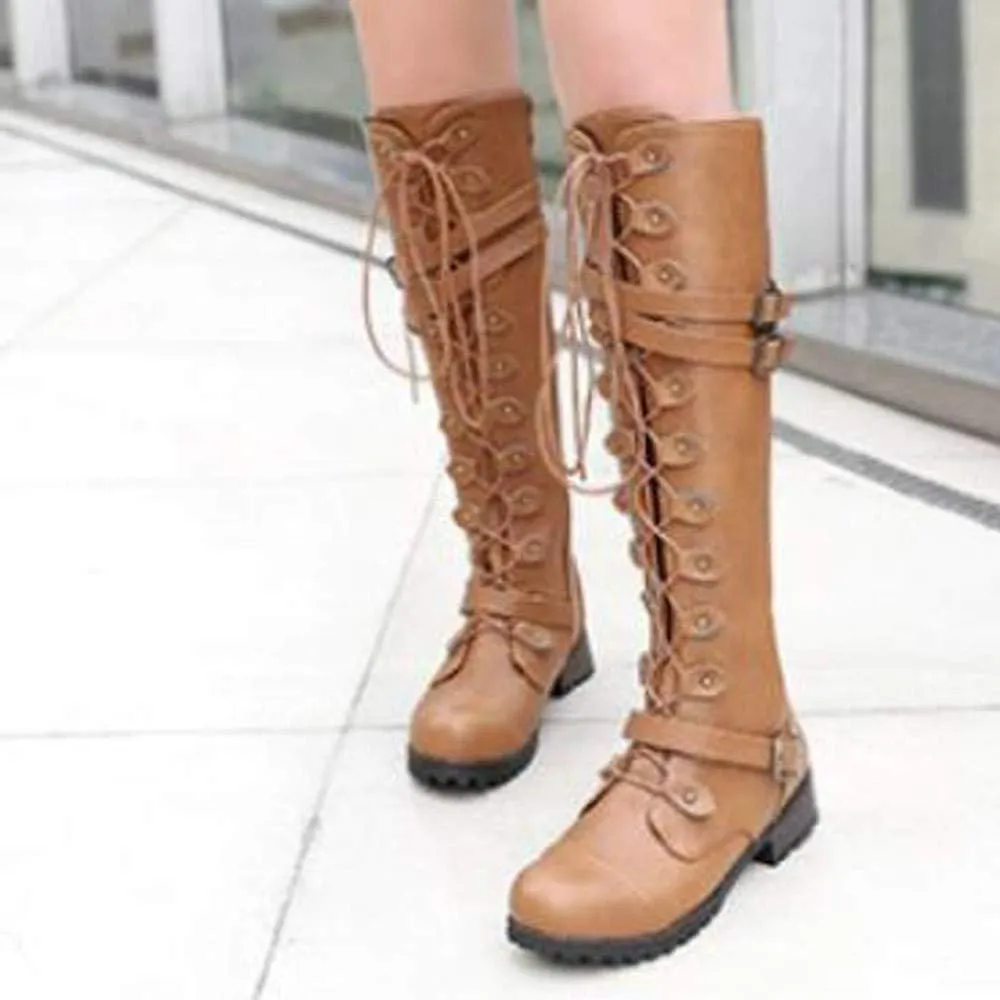 Hbeylia Women's Motorcycle Riding Boots Fashion Leather Metal Buckle Lace Up Knee High Chunky Heel Goth Combat Boots Gothic Punk Low Heel Military Over The Knee Winter Tall Boots For Women