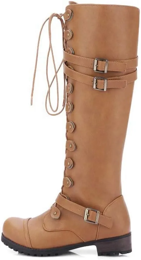 Hbeylia Women's Motorcycle Riding Boots Fashion Leather Metal Buckle Lace Up Knee High Chunky Heel Goth Combat Boots Gothic Punk Low Heel Military Over The Knee Winter Tall Boots For Women
