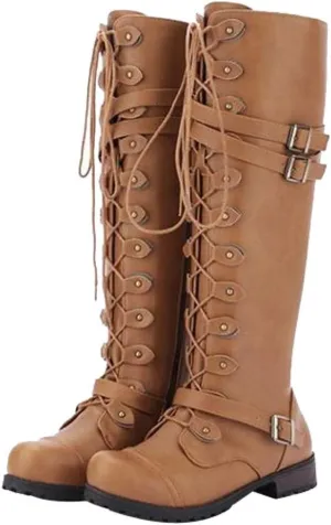 Hbeylia Women's Motorcycle Riding Boots Fashion Leather Metal Buckle Lace Up Knee High Chunky Heel Goth Combat Boots Gothic Punk Low Heel Military Over The Knee Winter Tall Boots For Women