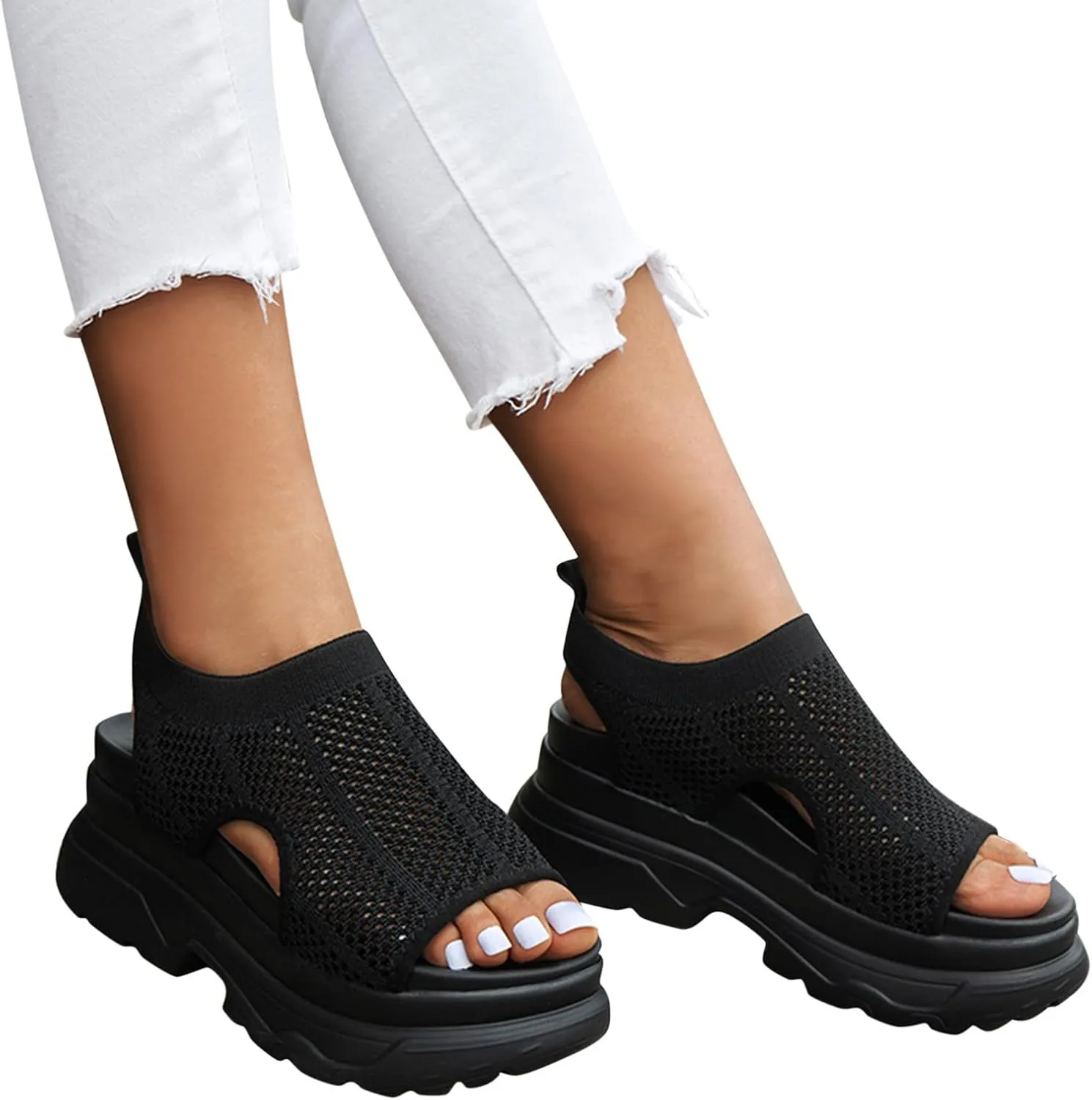 Hbeylia Womens Platform Sandals Comfort Knitted Mesh Cut Out Strap Open-Toe Chunky Block High Heel Fashion Strappy Punk Goth Slip On Walking Sandals Summer Black Sandals